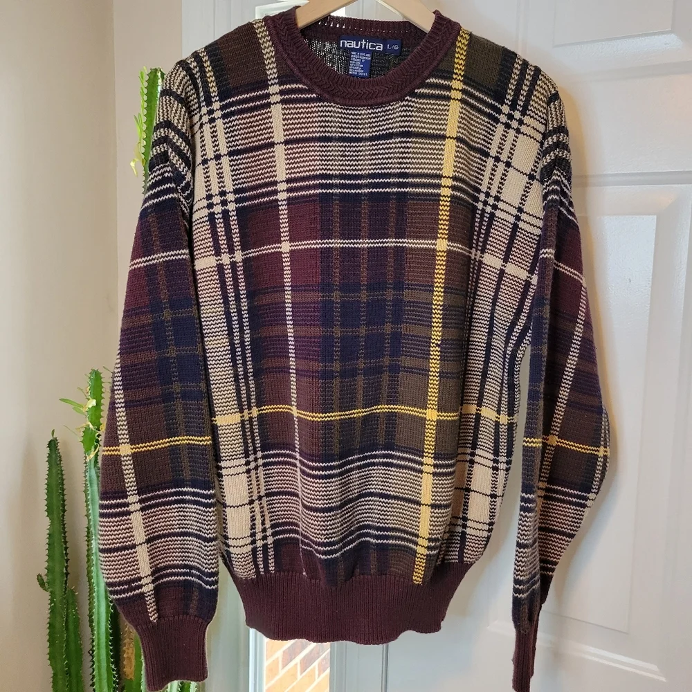 Vintage‎ Nautica Gorgeous Heavyweight 100% Cotton Plaid Sweater, Size Mens Large